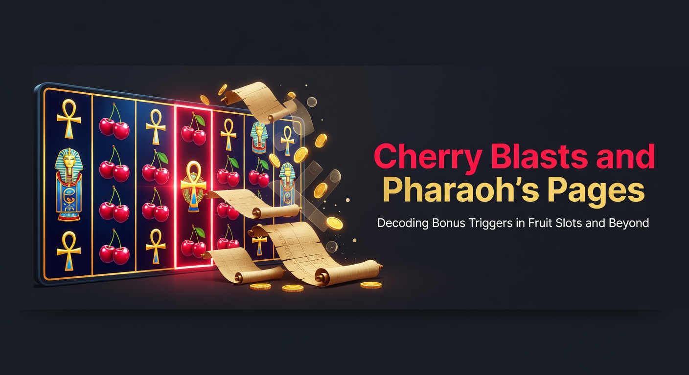 Leuchtende Kirschen explodieren auf einem klassischen Frucht-Slot-Bildschirm, während goldene Pharaonen-Seiten im Hintergrund aufblitzen und Bonus-Runden ankündigen