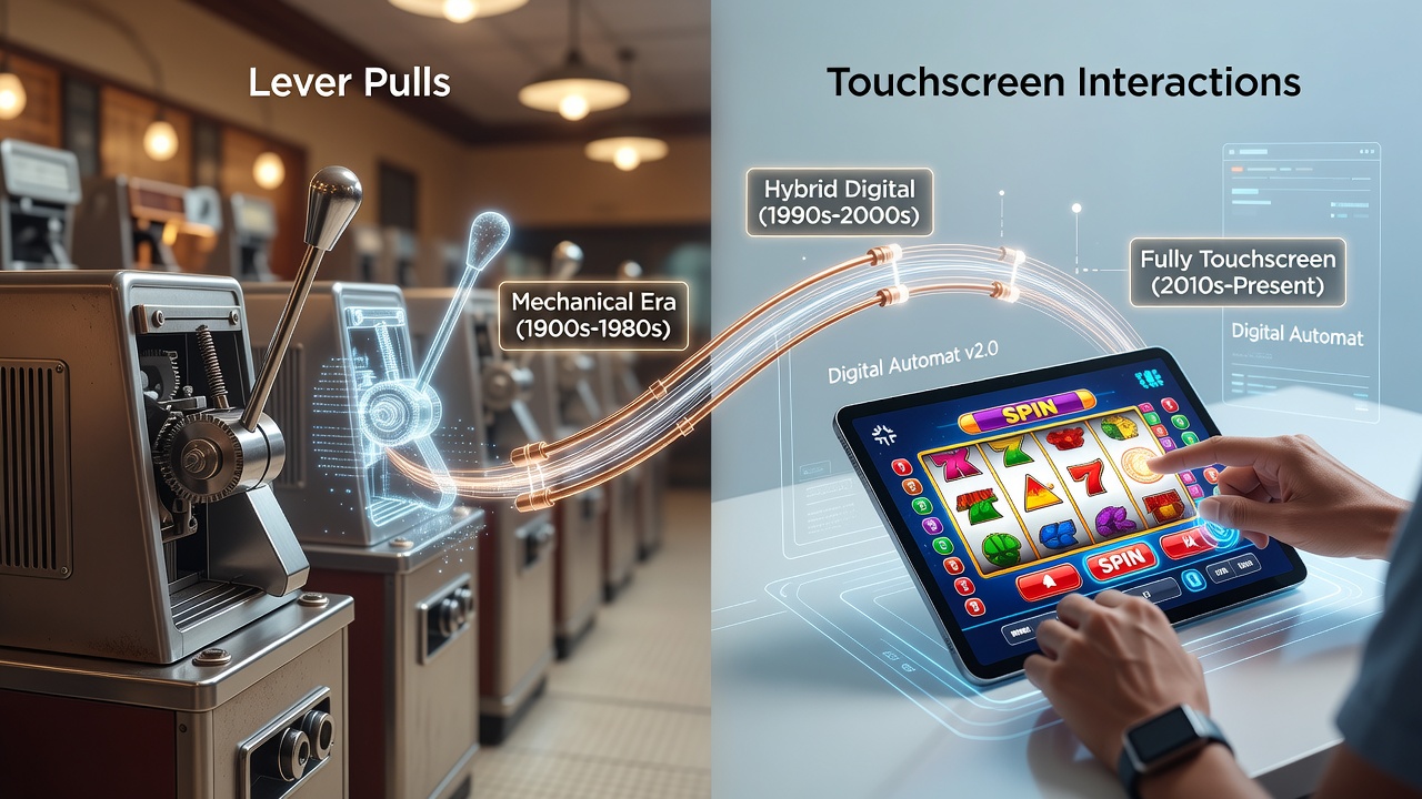 Historische Automaten mit mechanischen Hebeln neben modernen Touchscreen-Geräten in einer Spielhalle