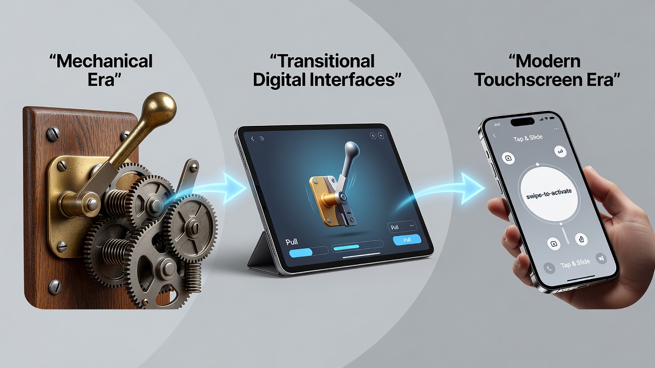 Nahaufnahme eines Touchscreen-Automaten mit animierten Walzen und Fingerinteraktion