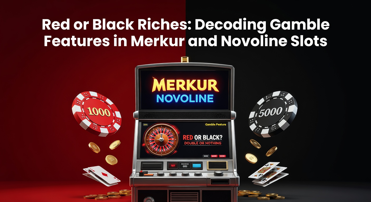 Ein klassisches Rot-oder-Schwarz-Gamble-Fenster aus einem Merkur-Slot, das die spannende Entscheidung zwischen roten und schwarzen Karten zeigt