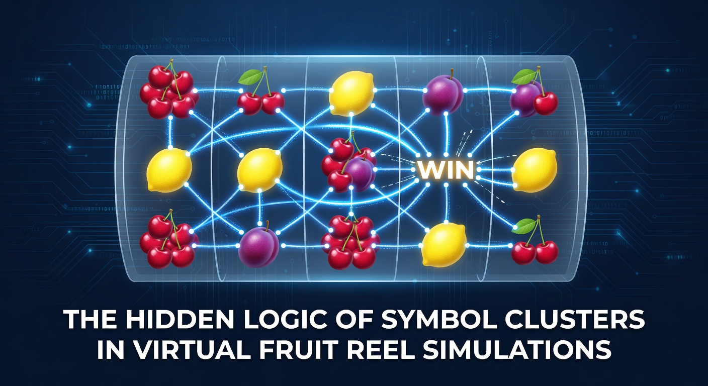Virtuelle Fruchtsymbole auf Reels mit Cluster-Bildung in einer Slot-Simulation