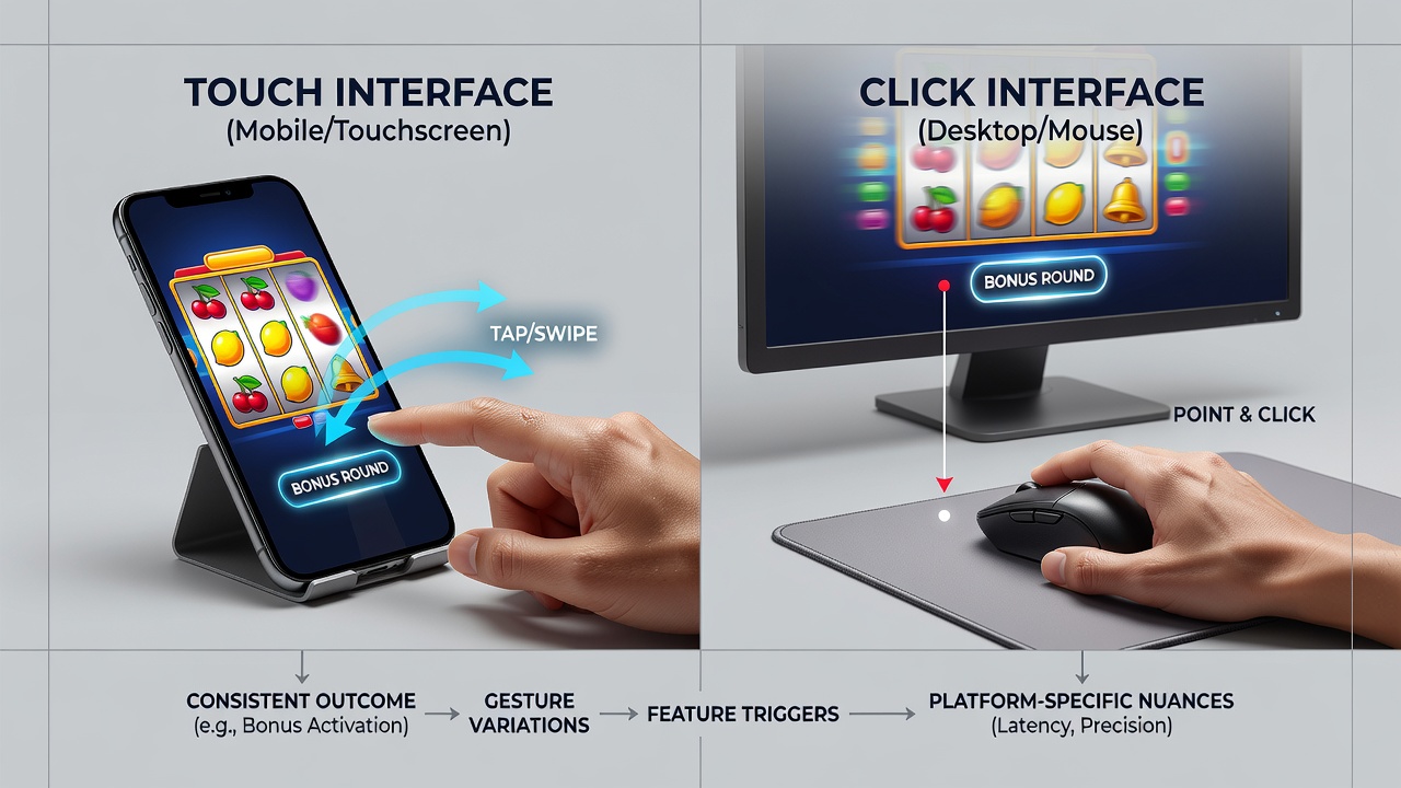 Detailansicht einer Slot-Demo mit Touch- und Klick-Elementen sowie markierten Feature-Trigger-Zonen